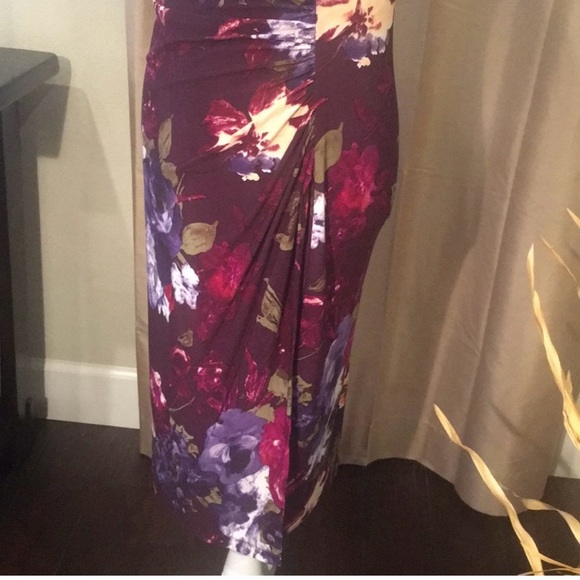 Lauren Ralph Lauren Sheath Dress 14 Purple Floral V Neck Stretch Faux Wrap Midi - Picture 3 of 7